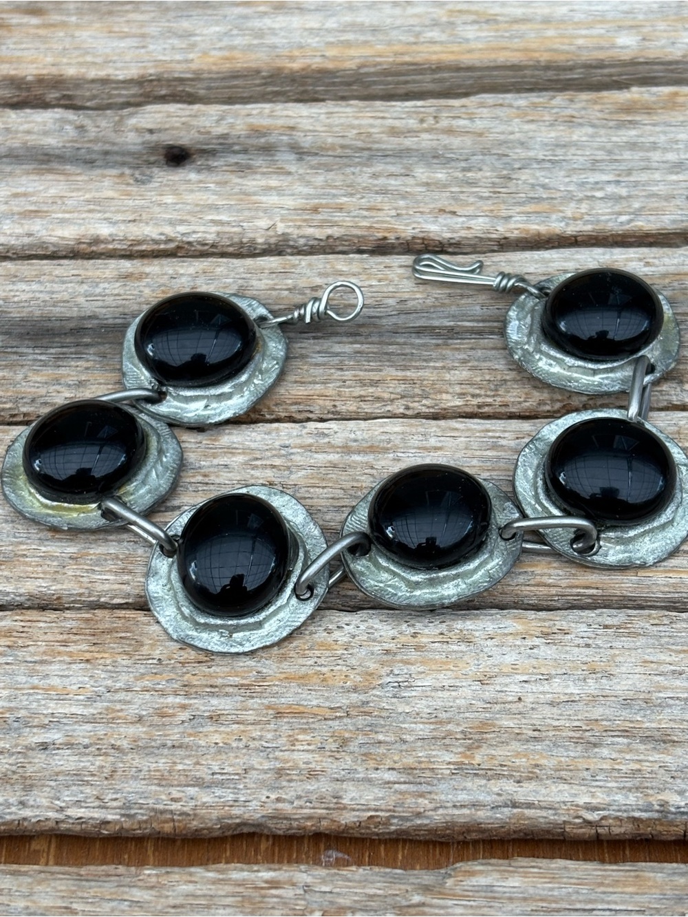 Women's Black stained  Glass Cabochon Link Bracelet  by Churoncalla